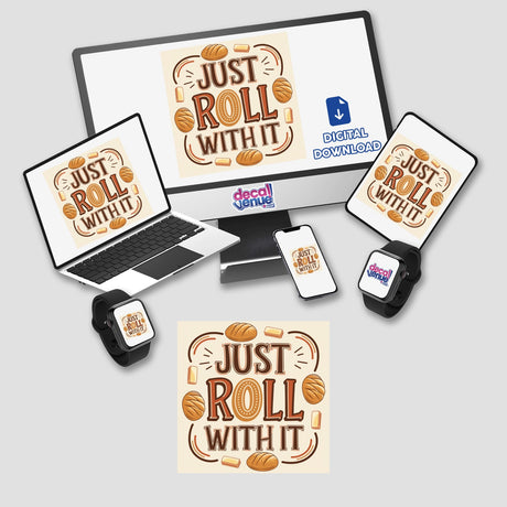 Just Roll With It Thanksgiving Sticker & Clipart featuring a digital display with various devices showcasing logos and food imagery, highlighting commercial rights use for stickers or digital artwork.