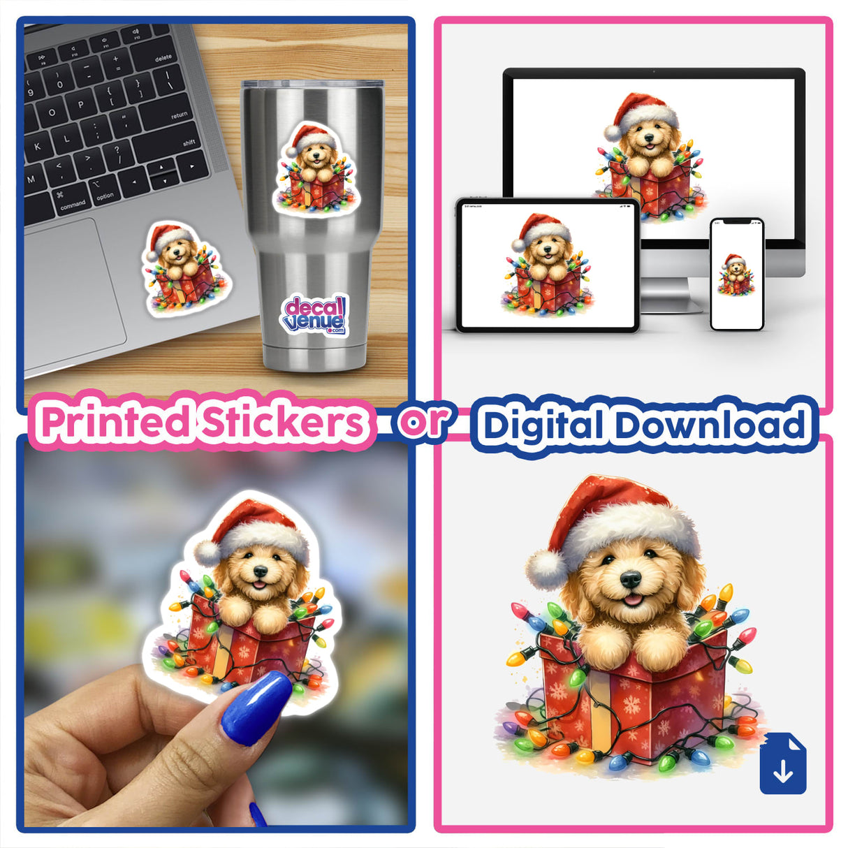 Christmas Lights Santa Golden Doodle Dog in Gift Box sticker, featuring a cartoon-style doodle puppy wearing a Santa hat, surrounded by festive lights, available as digital artwork from Decal Venue.