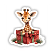 Giraffe in Christmas Present Box illustration featuring a cartoon giraffe peeking from a decorated gift box, available as stickers or digital art from Decal Venue.