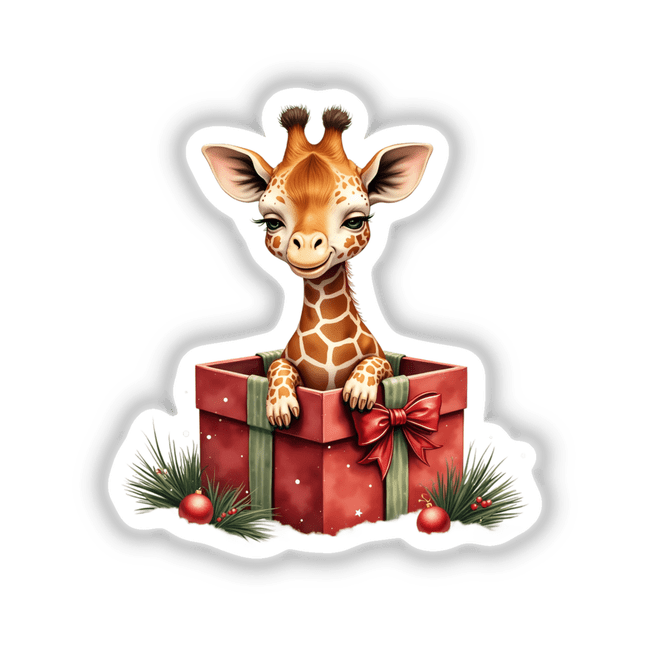 Giraffe in Christmas Present Box illustration featuring a cartoon giraffe peeking from a decorated gift box, available as stickers or digital art from Decal Venue.