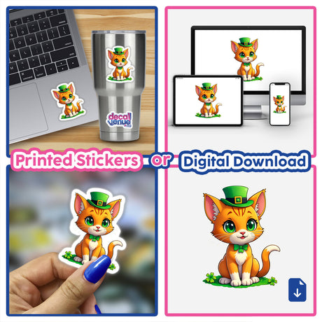 St. Patrick's Day Kitten sticker collage featuring cartoon cats in hats, displayed on a laptop and cup. Available as stickers or digital artwork from Decal Venue, specializing in unique designs.