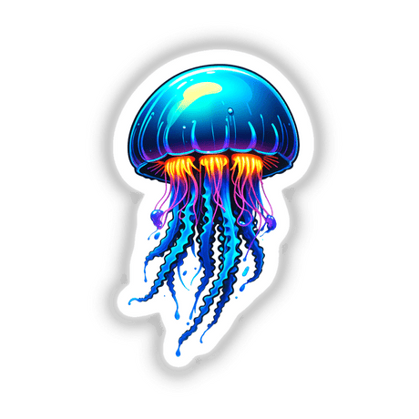 Blue Jellyfish sticker or digital artwork featuring vibrant orange tentacles, showcasing a bioluminescent glow. Perfect for marine life enthusiasts seeking unique decor from Decal Venue.