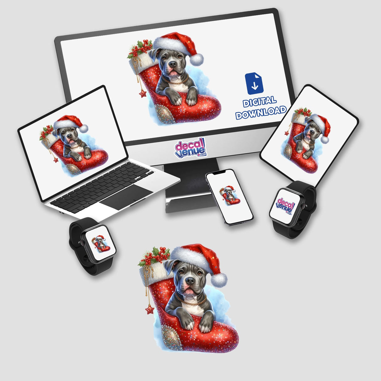 Pitbull Santa Dog in Christmas Stocking II featured on a computer monitor and laptop, available as unique stickers or digital artwork from Decal Venue.