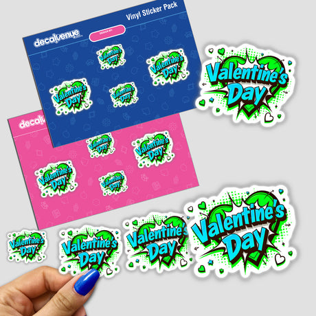 Valentine's Day Love Heart stickers featuring vibrant text and playful designs, captured with a hand holding one. Available as stickers or digital artwork, perfect from Decal Venue's unique collection.