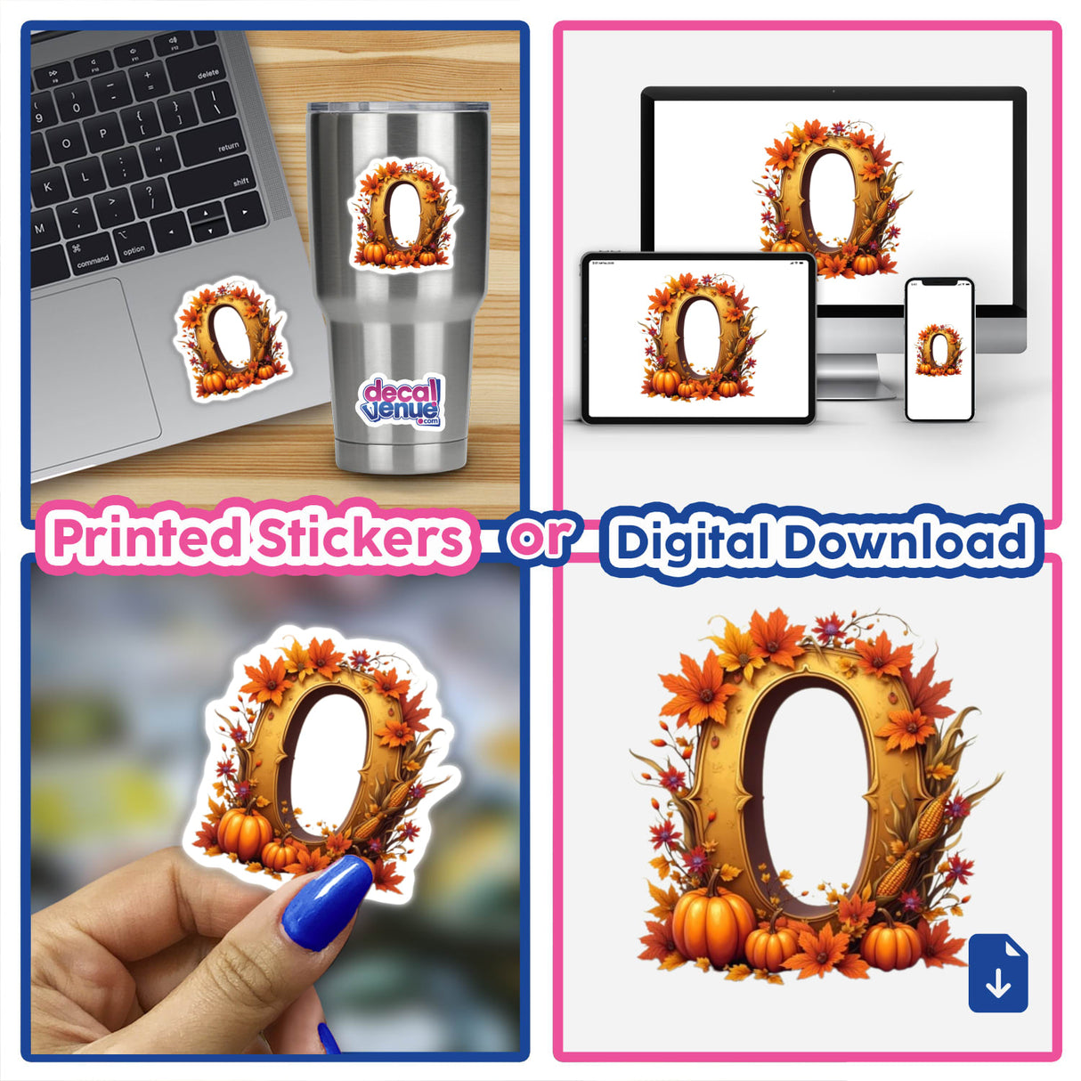 Collage showcasing the Fall Aesthetic Letter O Clipart | Stickers or Download with Commercial Rights, featuring pumpkin and floral designs, applied on a laptop and held in hand.