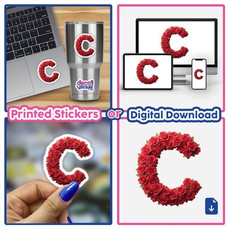 Elegant Floral Letter C Clipart - Downloadable Sticker with Commercial Rights; collage featuring a laptop, hand, and roses forming the letter C, reflecting Decal Venue's unique sticker and digital art offerings.