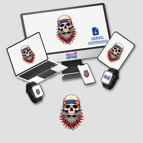 A Cool Skull With An American Flag Bandana displayed on a computer monitor and laptop; available as stickers or digital artwork from Decal Venue, featuring unique vinyl designs.