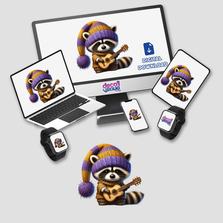 Cartoon raccoon gnome playing guitar surrounded by various digital devices displaying the product image on a white background