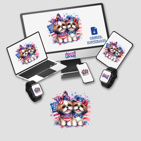 Cute Boy and Girl Shih Tzu Patriotic Dogs displayed on a computer and laptop, featured as stickers or digital artwork, showcasing dogs in bows and ties.