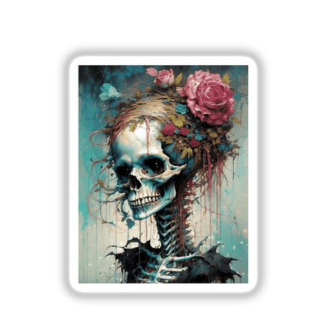 Beautiful Bones artwork featuring a skull adorned with flowers and leaves, available as stickers or digital art from Decal Venue.