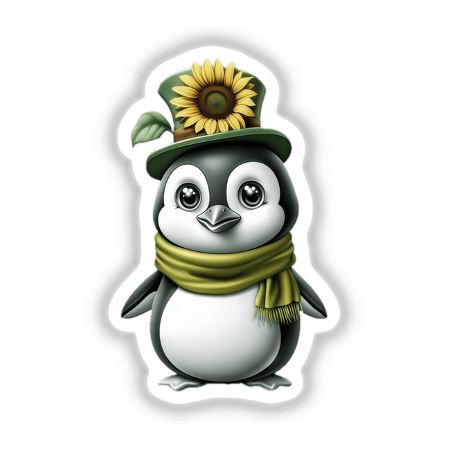 Cartoon penguin with a sunflower hat and green scarf, available as stickers or digital artwork. Ideal for fans of unique vinyl stickers and digital art.