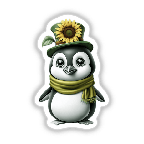 Cartoon penguin with a sunflower hat and green scarf, available as stickers or digital artwork. Ideal for fans of unique vinyl stickers and digital art.