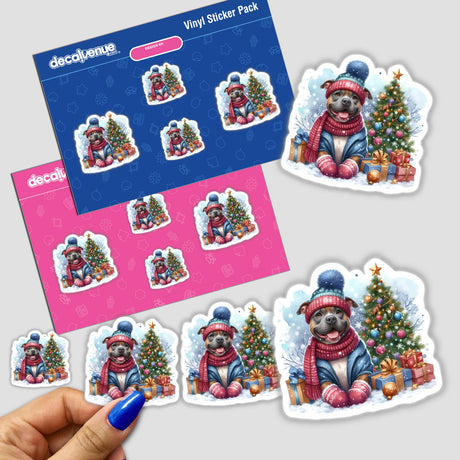 Bundled Up Christmas Pitbull Dog Portrait sticker featuring a cartoon dog in a hat and scarf beside a Christmas tree, available as stickers or digital artwork from Decal Venue.