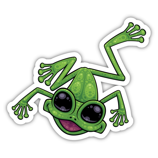 Happy Green Tree Frog cartoon sticker featuring a whimsical frog with big eyes, perfect for adding a playful touch to any surface.