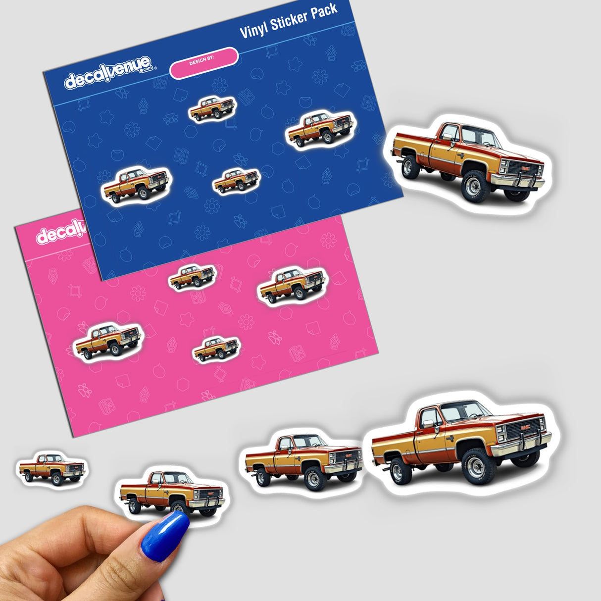 Hand holding a sticker pack featuring 1982 GMC K2500 Sierra Grande Pickup Truck Clipart | Vintage Truck Illustration Stickers or Commercial Use Rights.