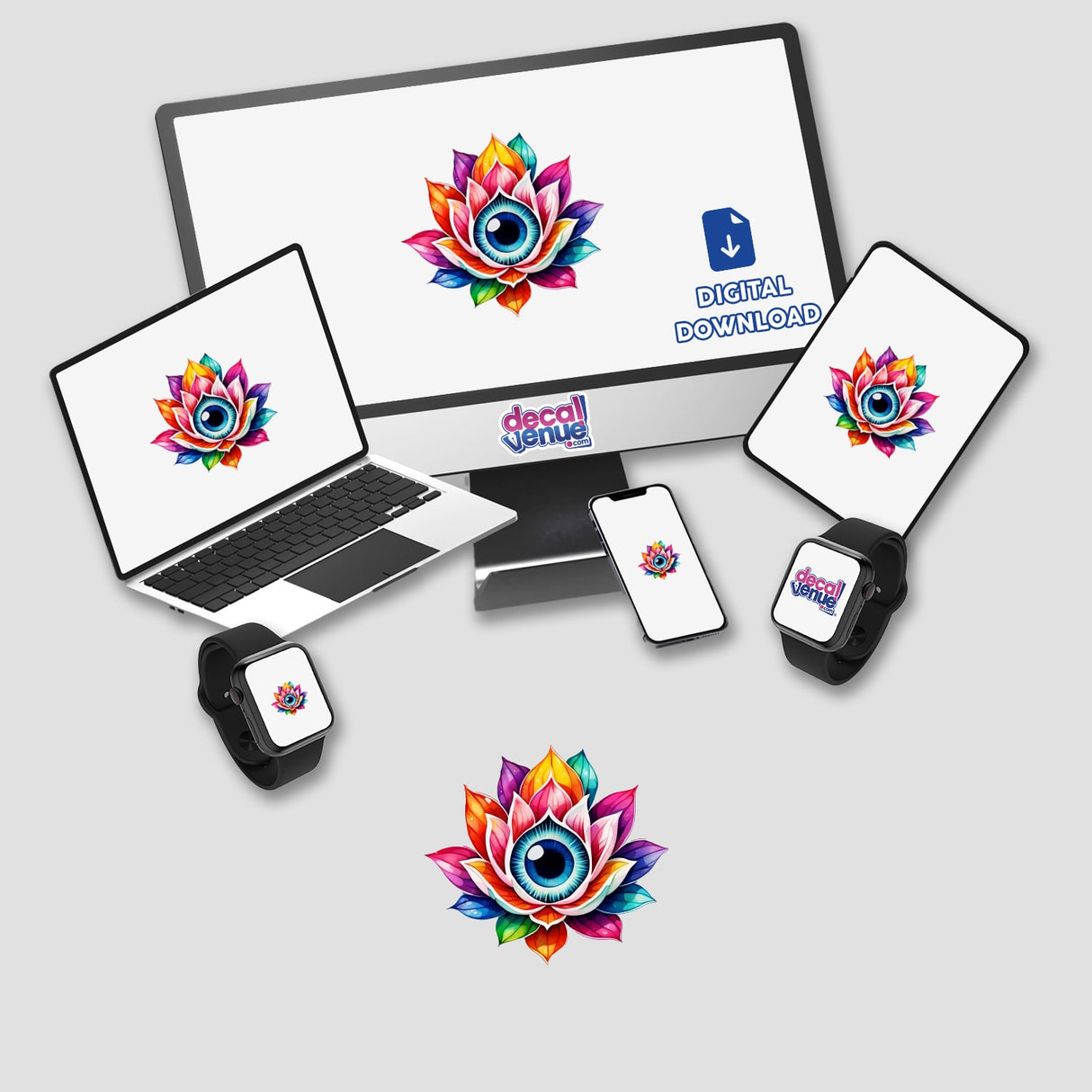 Colorful Lotus Third Eye: Vibrant Sticker Design displayed on a computer monitor and laptop, showcasing intricate floral artwork with a blue eye center. Available as stickers or digital artwork.