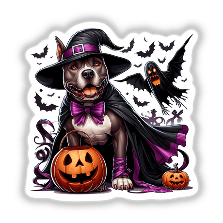 Halloween Witch Pitbull Dog sticker or digital artwork featuring a dog in a hat and cape next to a cartoon pumpkin.