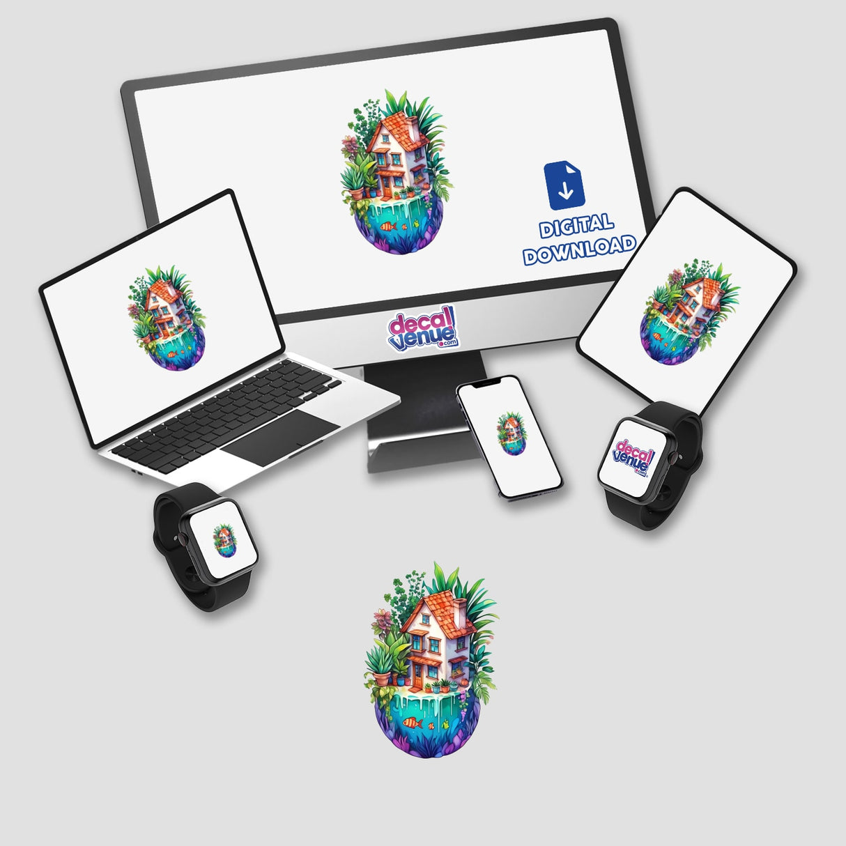 Tropical Seaside House Sticker: A whimsical and colorful art depiction of a cartoon house with plants, visible on a laptop and monitor screens, available as stickers or digital artwork.