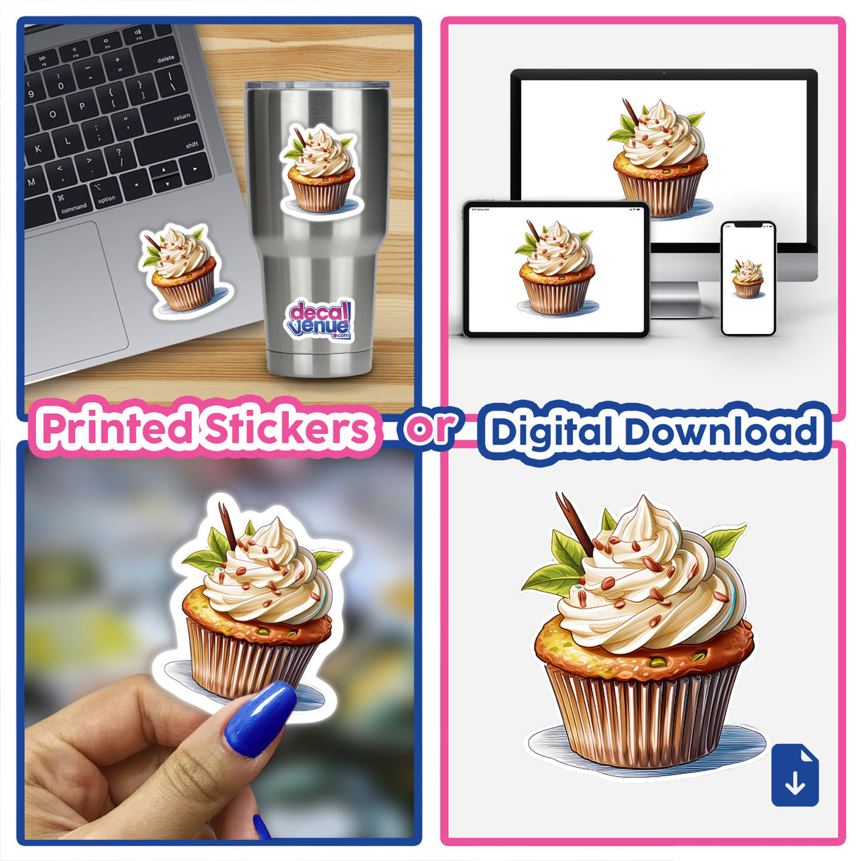 Delicious vanilla bean cupcake digital artwork featuring a hand-drawn illustration of a cupcake with creamy frosting and decorative elements, displayed on various devices and merchandise.