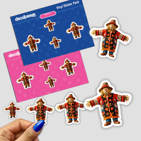 Adorable Scarecrow Knit Fabric Design sticker held by a person, showcasing a cartoon scarecrow with a hat and sweater. Available as stickers or digital artwork from Decal Venue.