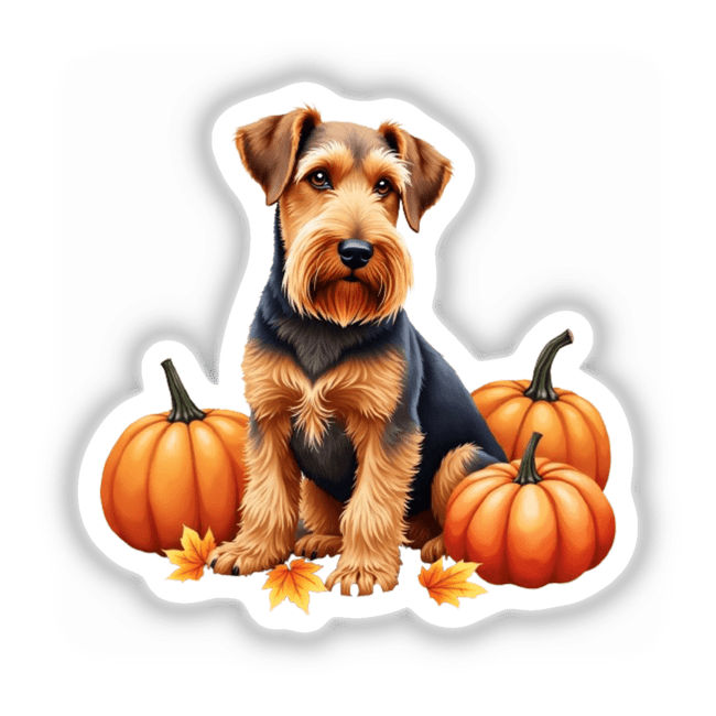 Airedale Terrier Clipart | Fall Aesthetic Dog Clipart featuring an Airedale Terrier sitting next to pumpkins, available as Stickers or Digital Artwork with Commercial Rights.