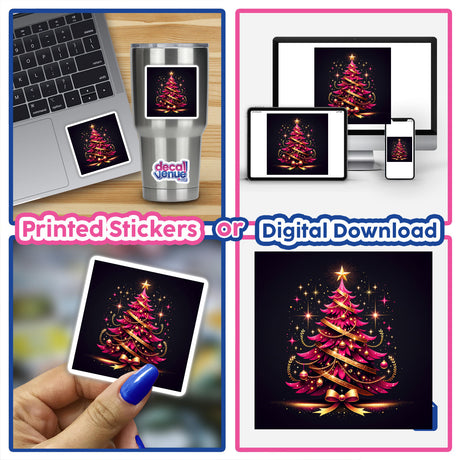 Pink and Gold Christmas Tree collage featuring various digital interpretations, including screens and a silver mug, available as unique stickers or digital artwork from Decal Venue.