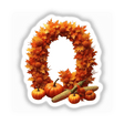 Thanksgiving Letter Q Clipart - Fall Leaves and Pumpkins Design featuring a wreath of leaves, pumpkins, and corn. Available as Stickers or Digital Artwork for commercial use.