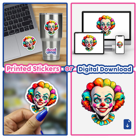 A Crazy Clown Girl sticker collage featuring various cartoon clown faces, displayed on items like a laptop and cup, showcasing unique designs available as stickers or digital artwork.