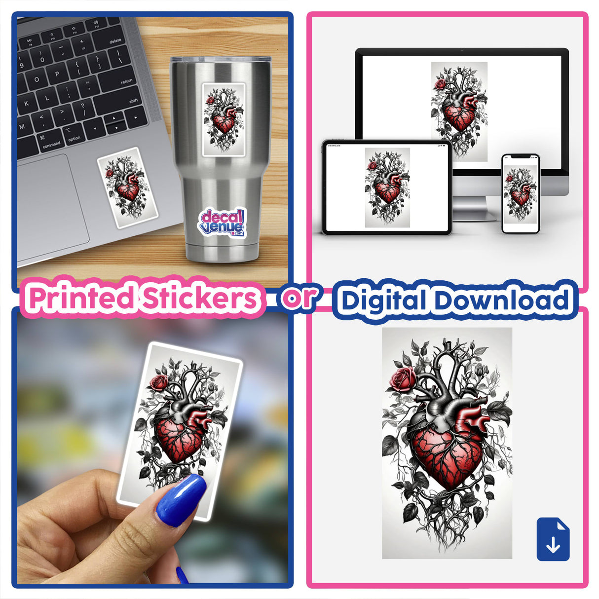 Collage featuring a laptop displaying “Thorns & Vines Heart” digital art, a close-up of a finger, and a sticker of the heart design, highlighting Decal Venue's unique stickers and digital artwork.