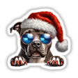 Cool Christmas Pitbull Santa Dog illustration featuring a dog wearing a Santa hat and sunglasses, available as stickers or digital artwork from Decal Venue, specializing in unique stickers and digital art.