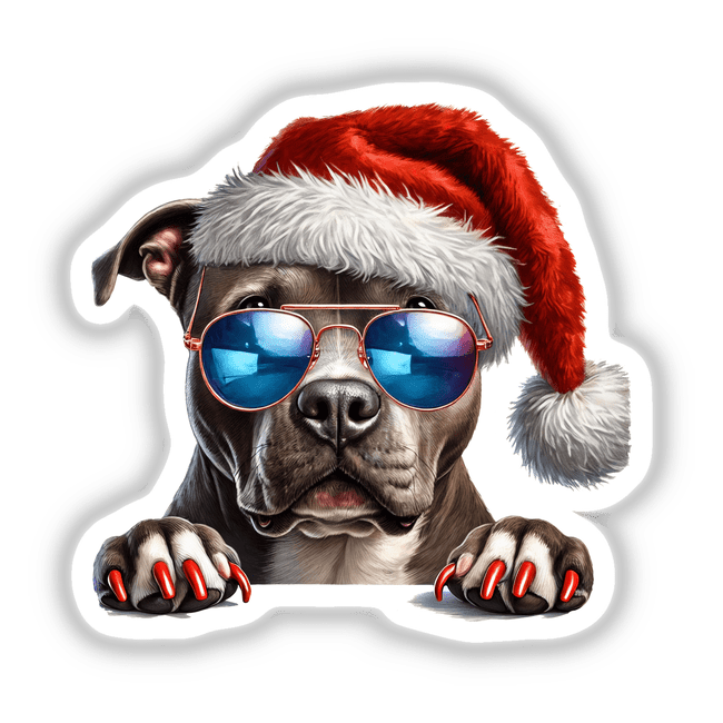 Cool Christmas Pitbull Santa Dog illustration featuring a dog wearing a Santa hat and sunglasses, available as stickers or digital artwork from Decal Venue, specializing in unique stickers and digital art.