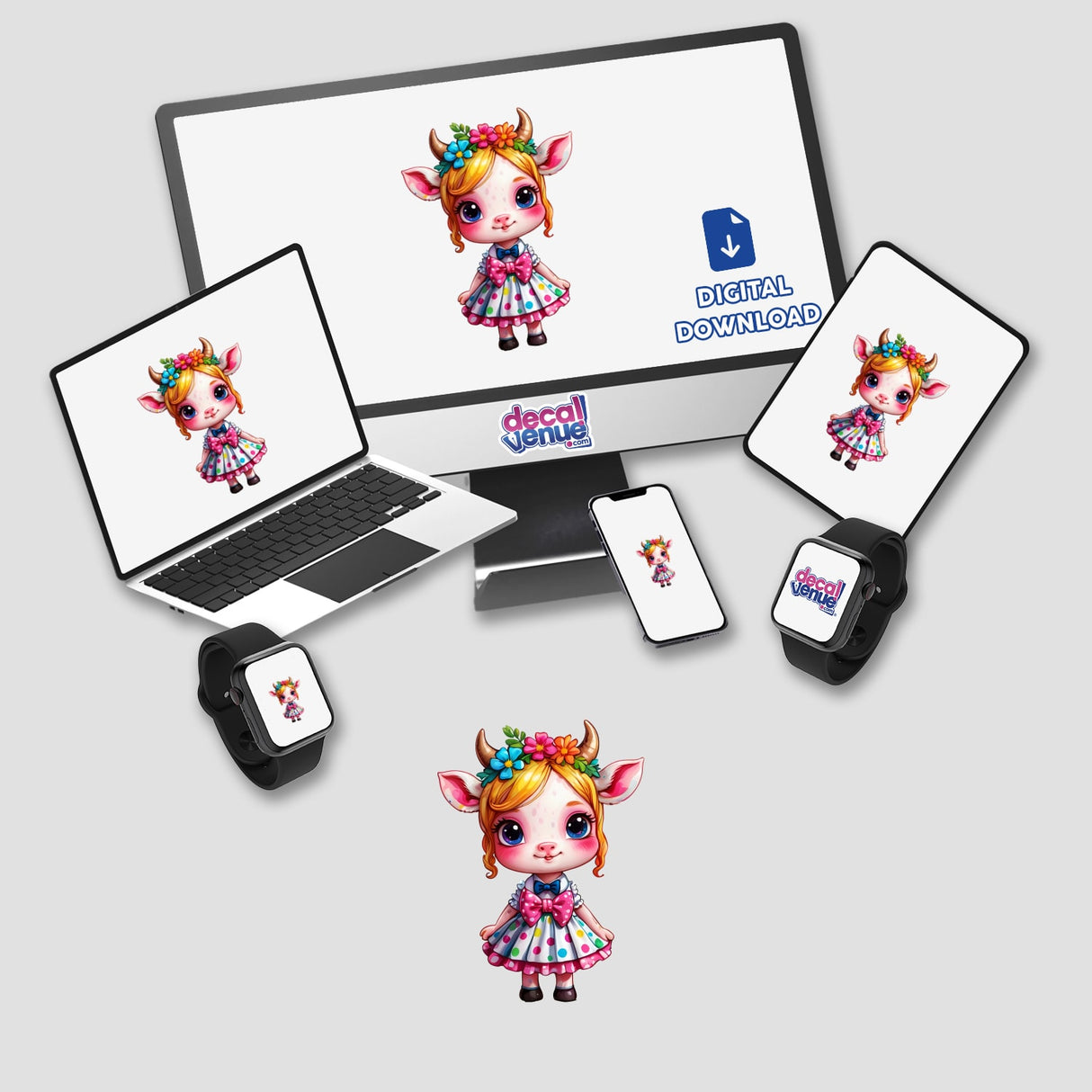 Chibi Cow Cutie: Adorable in Pink Polka Dot Dress displayed on a computer monitor and laptop, highlighting its availability as stickers or digital artwork.