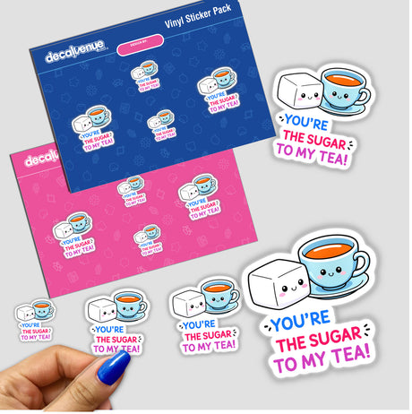 You're The Sugar To My Tea Funny Love Quote sticker featuring cute cartoon characters, including a teacup and marshmallow. A hand with blue nail polish holds the sticker.