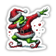 Dabbing Green Grouch in Santa Rhinestone Outfit, depicted in a whimsical cartoon style, available as stickers or digital artwork.