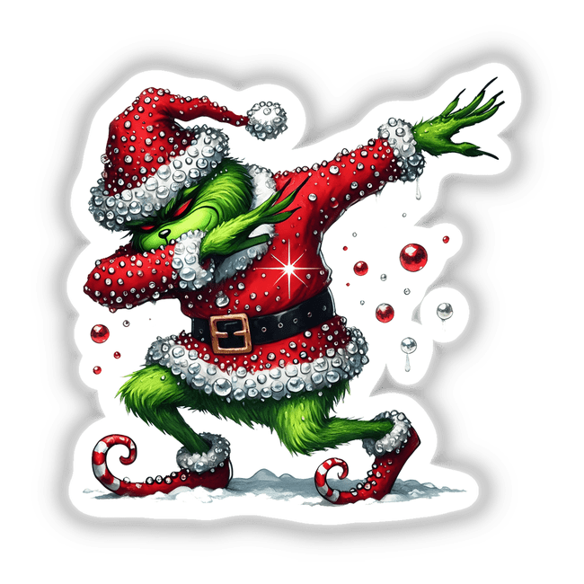 Dabbing Green Grouch in Santa Rhinestone Outfit, depicted in a whimsical cartoon style, available as stickers or digital artwork.