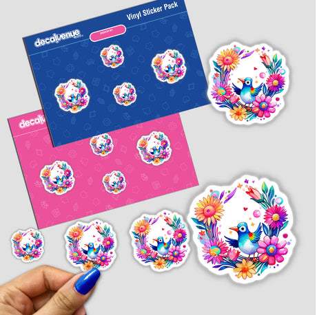 Enchanting Floral Wreath & Bird Sticker - Botanical Nature Scene; features intricate birds and flowers in a close-up, perfect for unique decorative purposes. Available as stickers or digital artwork.