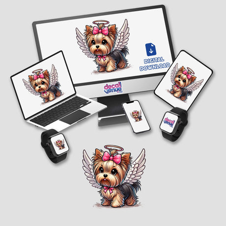 Halo and Wings Yorkie Angel Dog on computer monitor and laptop, showcasing a cartoon dog with wings and pink bow. Available as stickers or digital artwork at Decal Venue.