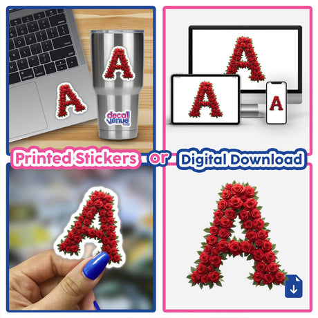 Floral Alphabet Letter A Clipart - Stickers or Download with Commercial Rights, featuring a letter A adorned with intricate rose designs, displayed on a laptop screen.