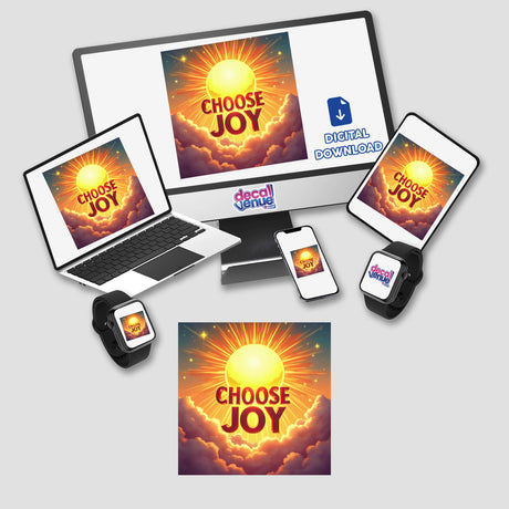 Choose Joy Sticker displayed on a laptop, tablet, phone, and smartwatch with sun and clouds image, representing Inspirational Mental Health Affirmation available as Stickers or Digital Artwork.