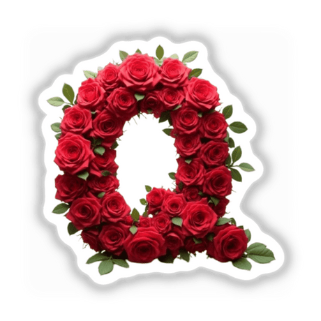 Elegant Floral Letter Q Clipart – Downloadable Sticker with Commercial Rights, featuring intricately arranged red roses and green leaves forming the letter Q. Ideal for unique digital artwork or stickers from Decal Venue.