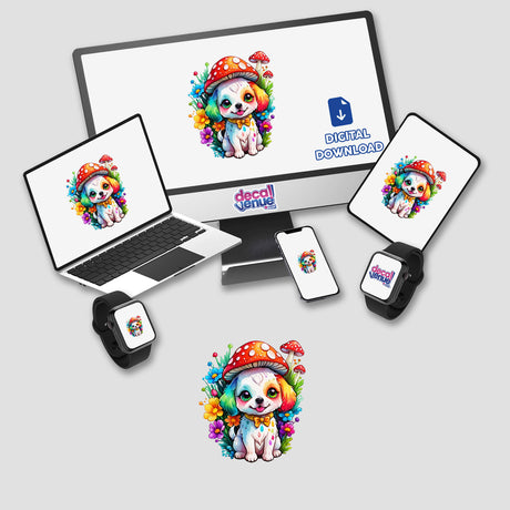 Kawaii puppy with a mushroom hat displayed on various devices, including a computer monitor and laptop, available as stickers or digital artwork.