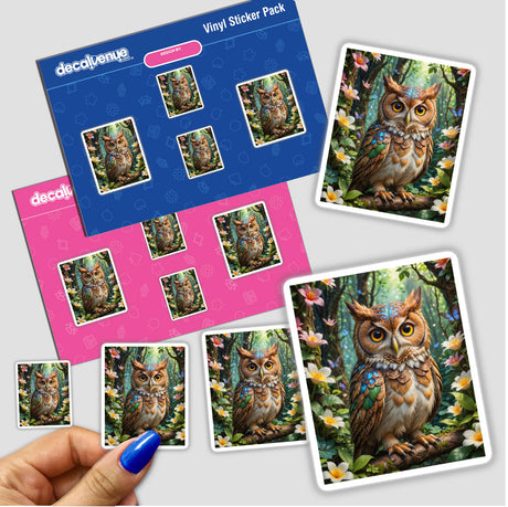 Sticker titled A Lovely Owl With Blooming Flowers, depicting a cartoon owl adorned with intricate floral patterns, showcased in a close-up. Available as a sticker or digital artwork from Decal Venue.