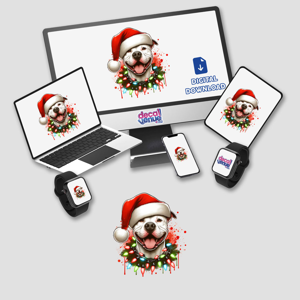 White Pitbull Santa in Christmas Lights displayed on a computer monitor and laptop, featuring a dog wearing a Santa hat and Christmas lights, available as stickers or digital artwork.