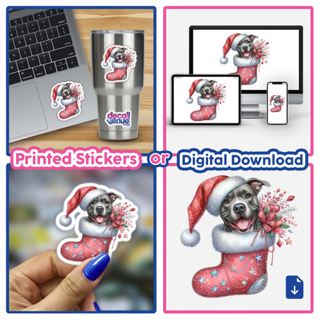 Pitbull Santa Dog in Christmas Stocking sticker collage featuring a playful cartoon-style dog peeking from a festive stocking, highlighting unique designs available as stickers or digital artwork.