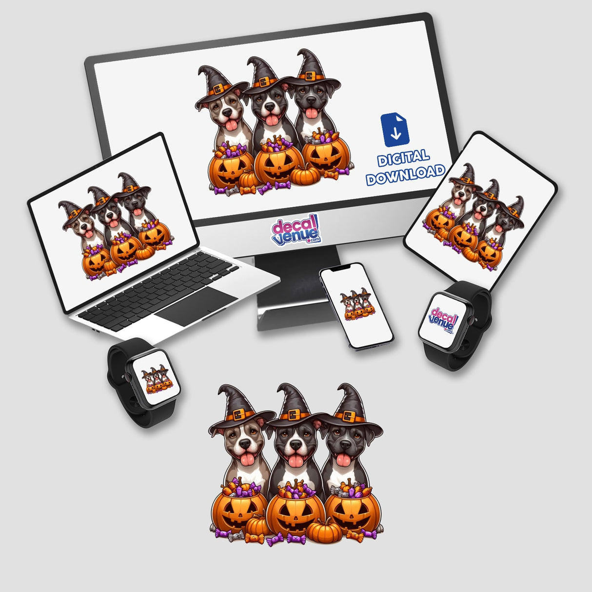 Halloween Trick or Treat Trio Pitbull Dogs II depicted on a computer monitor and laptop, showcasing cartoon images of pitbulls with pumpkins, available as stickers or digital artwork.