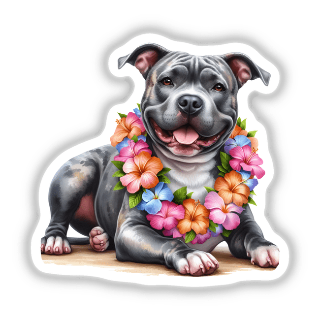 Resting Pitbull Dog Wearing Lei