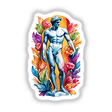 Sticker Design: Majestic Greek God Marble Statue with Rainbow Floral Splash, featuring a blue man adorned with vibrant flowers and leaves, available as stickers or digital artwork.