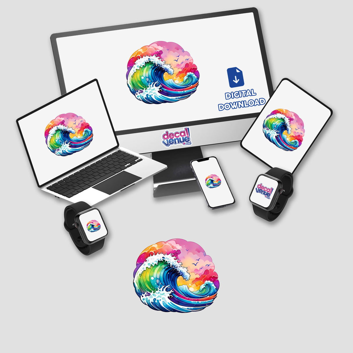 Laptop and monitor displaying Rainbow Waves: Crashing Waters digital artwork, available as stickers or digital art from Decal Venue.