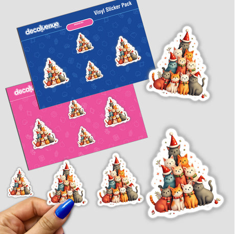 Christmas Cats stickers depict a whimsical arrangement of cats forming a Christmas tree shape, available as physical stickers or digital artwork. Perfect for holiday-themed decorations or unique digital use.