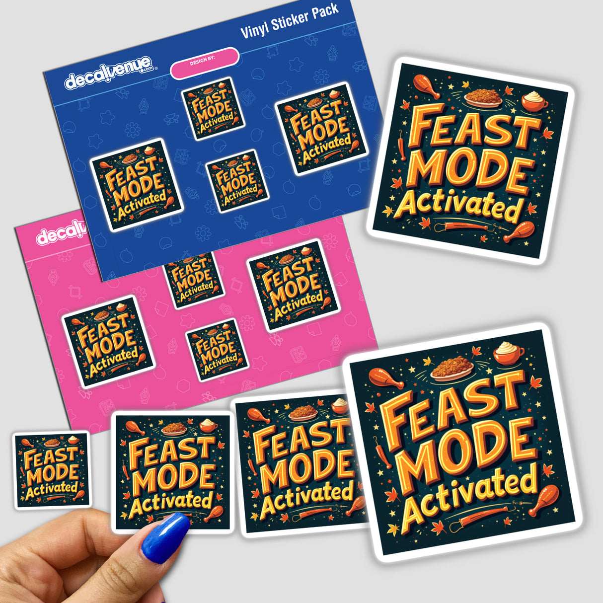 Feast Mode Activated Funny Thanksgiving Sticker pack, showcasing playful designs ideal for feast lovers. The image features a hand presenting the stickers, available as physical decals or digital clipart.